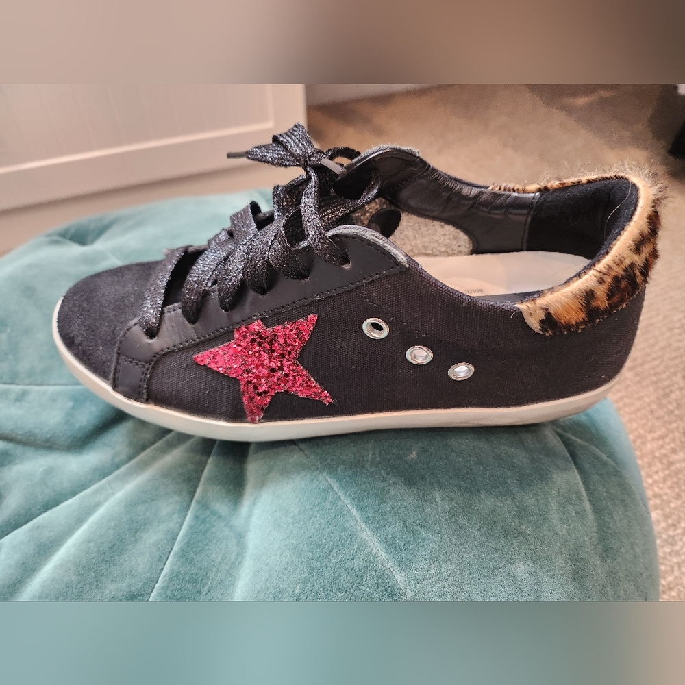 Golden Goose Superstar Sneakers with Red Star,leopard part of shoe. Very Rare, 8